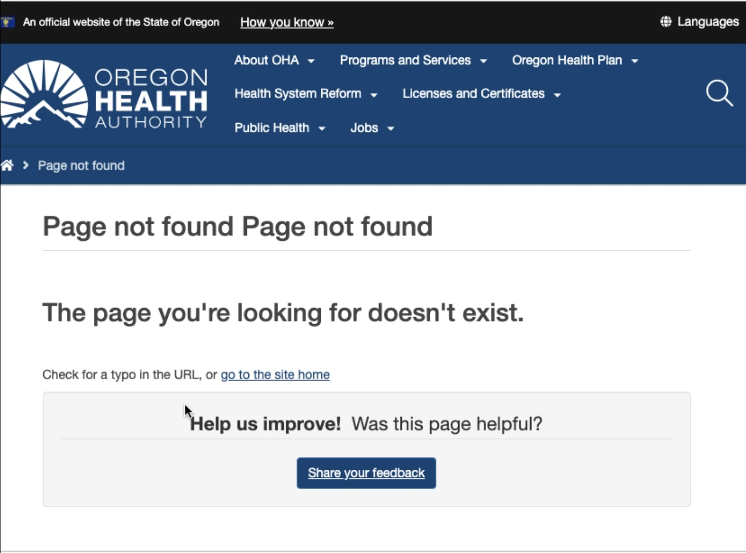 Oregon Health Authority Page Not Found error where the SB 283 report used to be