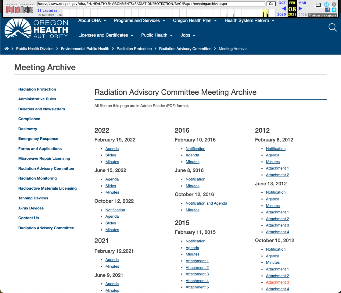 RAC Archive page in Wayback showing documents from 2008-2022
